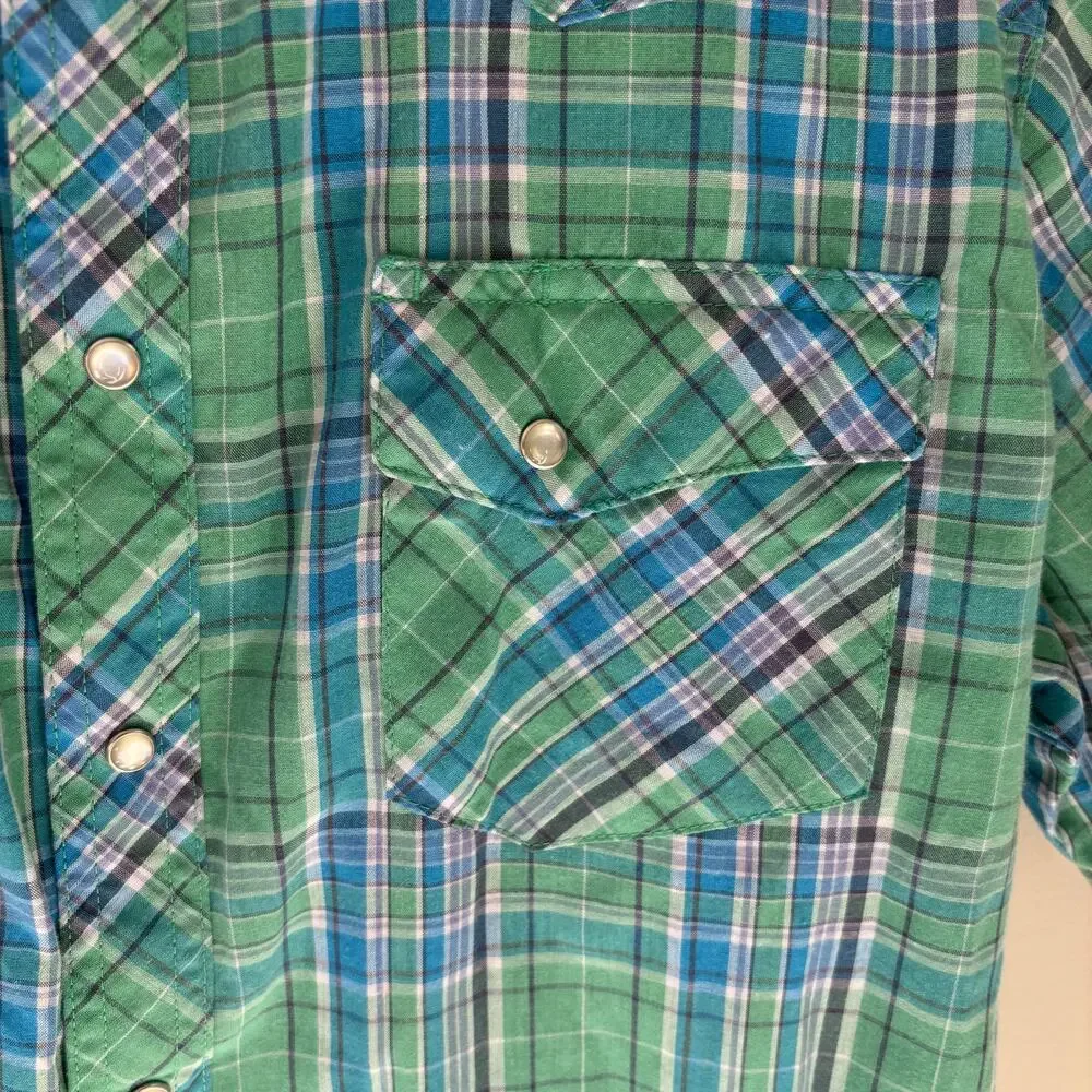 Wrangler Men's Wrancher Shirt Blue Green Plaid Pearl Snap Western Cowboy Sz L
